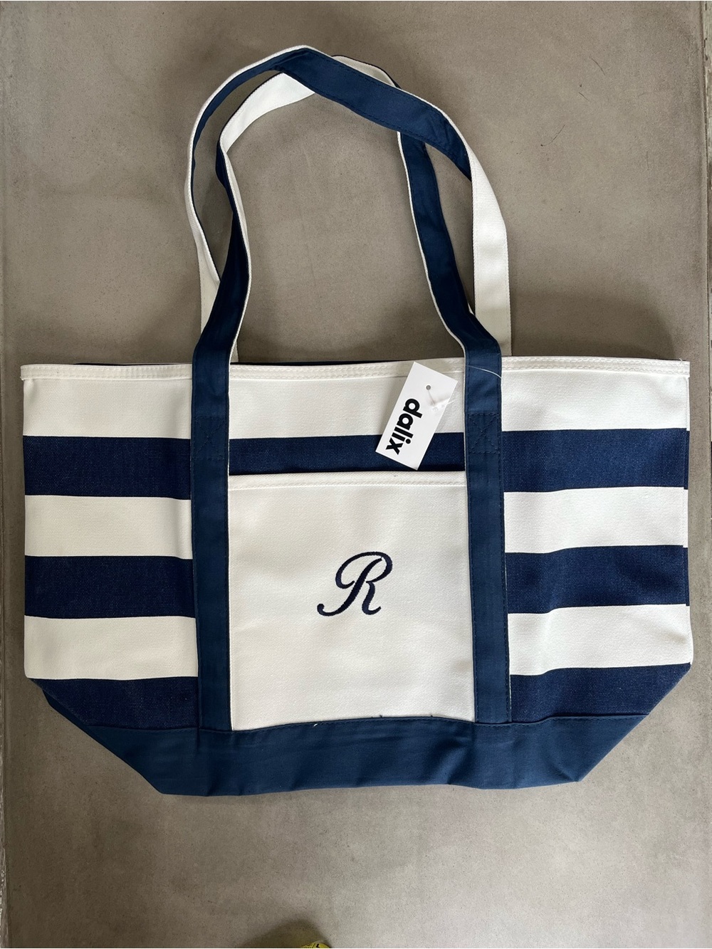 Premium Striped Navy Blue Zippered Tote Bag Nautical Navy Stripes Monogrammed R
